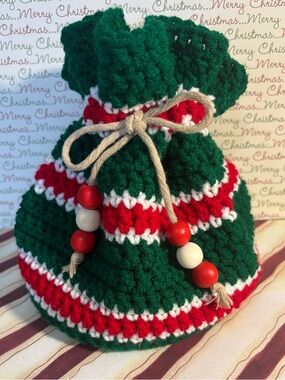 Handmade Crochet Holiday Drawstring Gift Bag - Green Red White